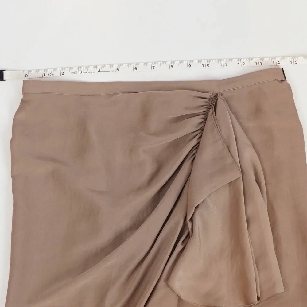 BCBGMaxAzria Stella Asymmetrical Gathered Midi Skirt in Beige Satin - Small